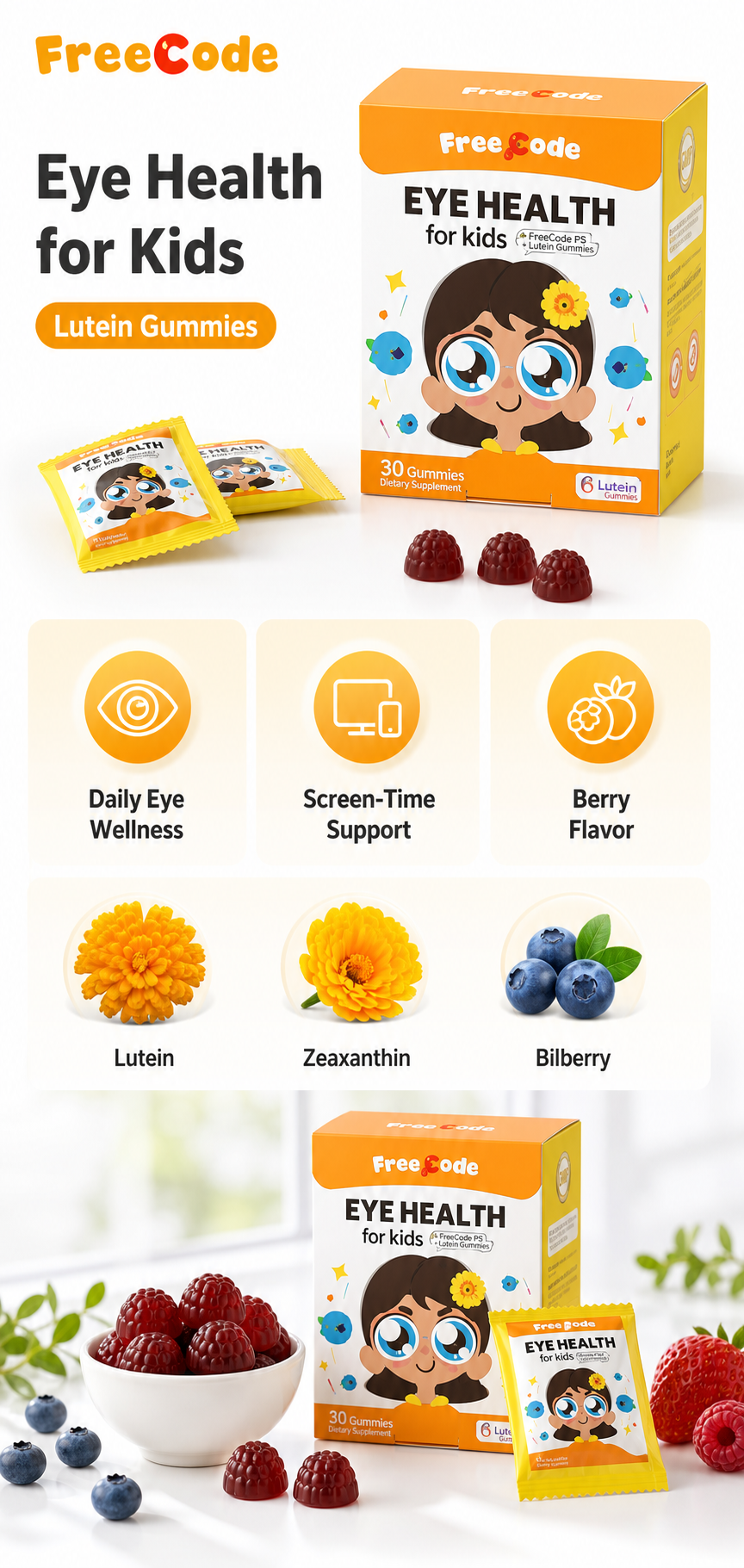 English FreeCode Lutein Gummies product detail page generated from supplied materials