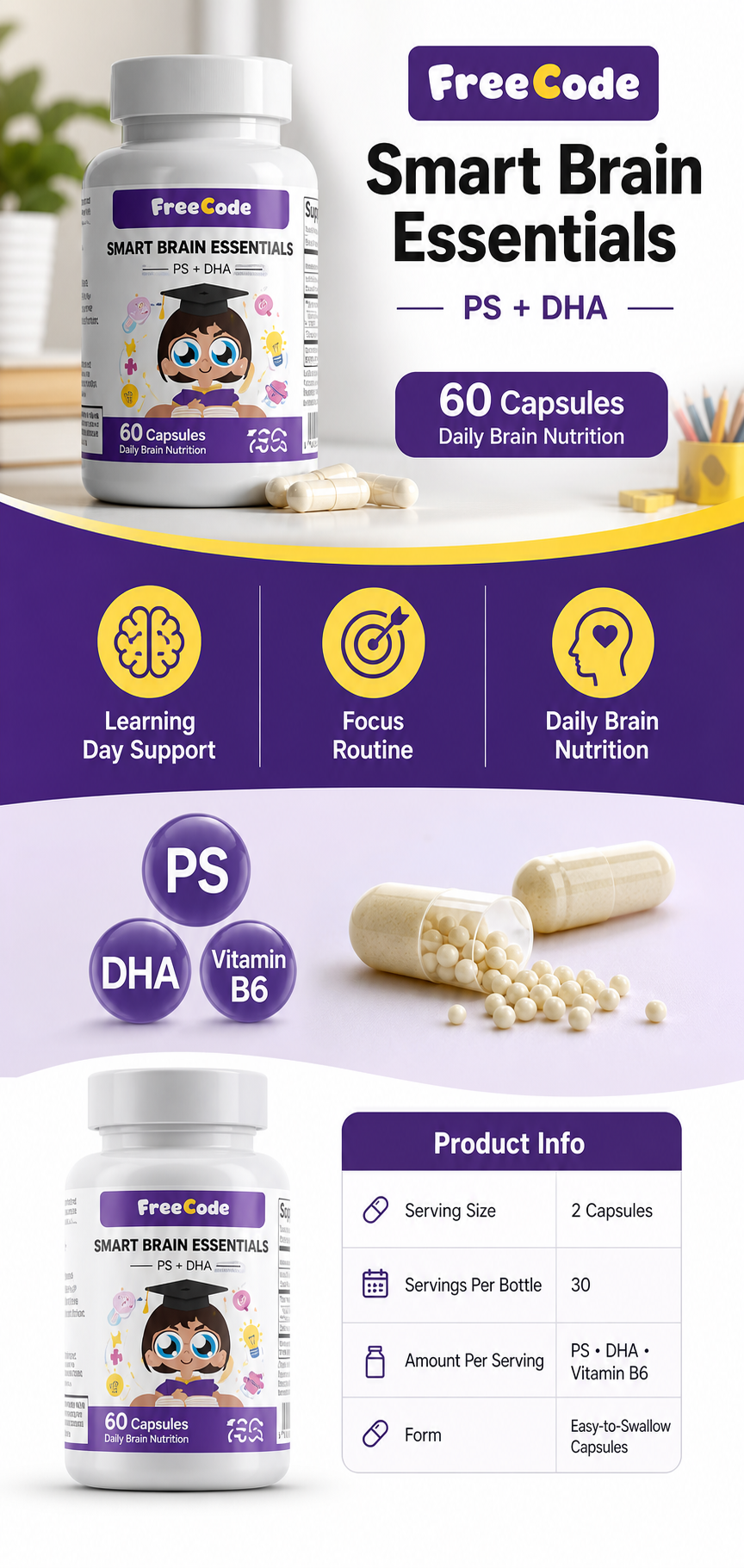 English FreeCode Smart Brain Essentials PS plus DHA product detail page generated from supplied materials